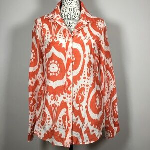 70% cotton 30% silk ling sleeve button down blouse orange & white pattern sz XS